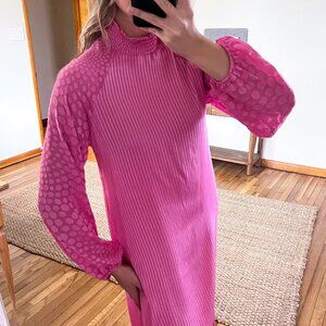 Host & Var Pink Preppy Striped Polka Dot Long Sleeve Designer Maxi Dress M NWT